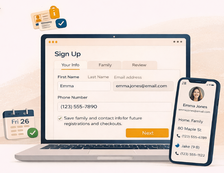 Sign up and registration screen with saved family information and a user profile on mobile.